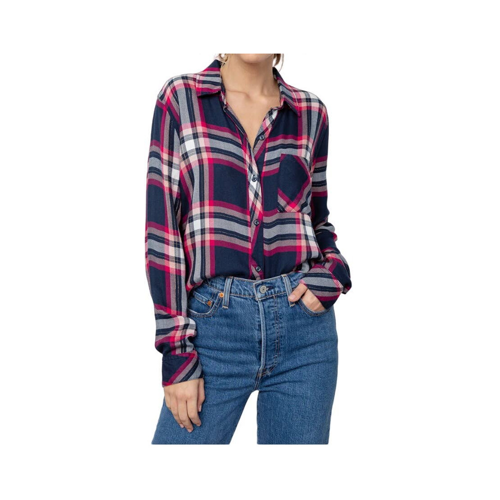 Rails Women's Fuschia Pink Navy Metallic Plaid Hunter Button Up Shirt Size Small